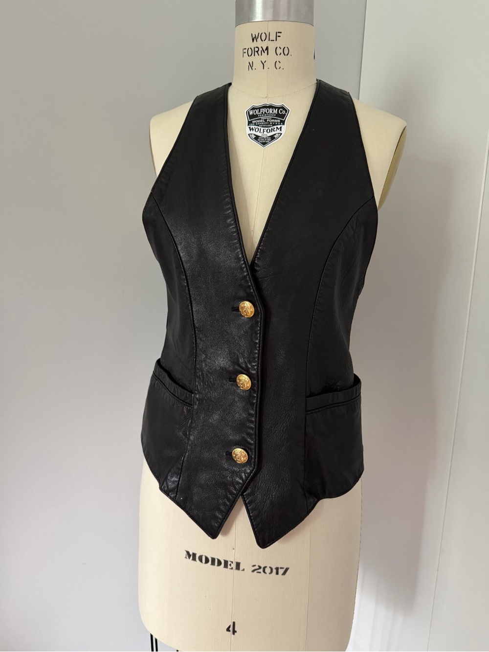 Danier Black Leather Vest with Gold Buttons Vintage Retro XS-S